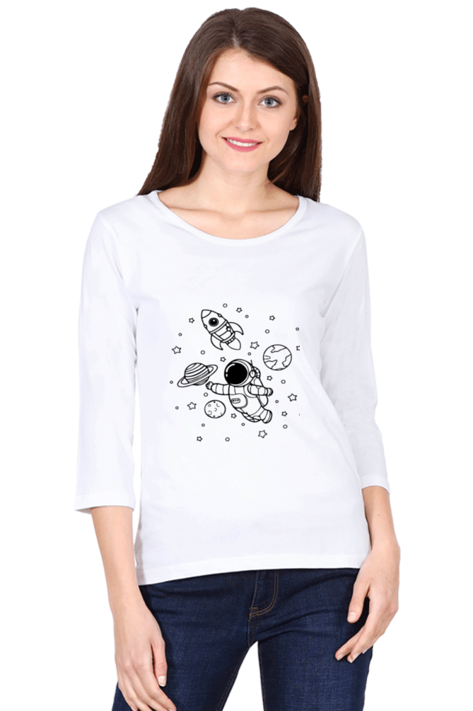 Womens Round Neck 3/4th sleeve Vinyl Astronaut print