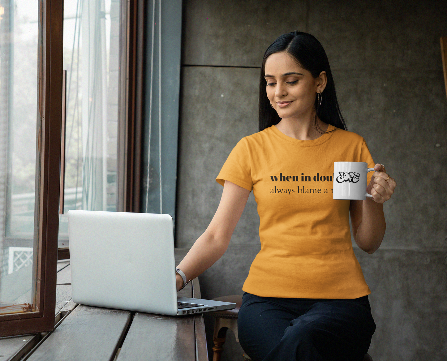 Puff Print when in doubt always blame a man Round neck Ladies T-shirt