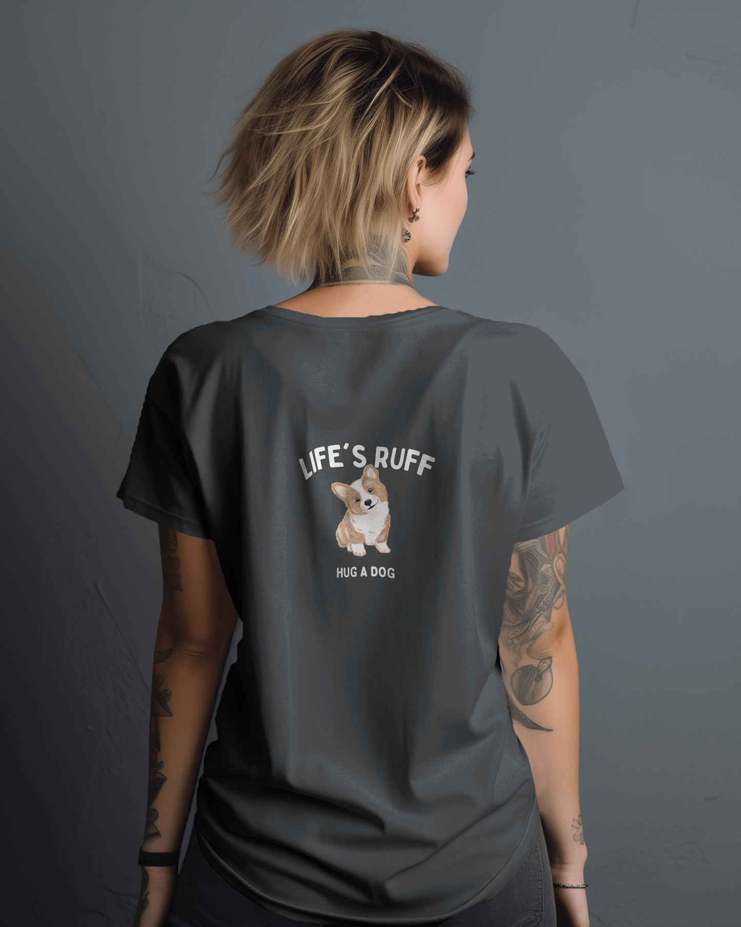 lifes rough- hug a dog slogan tshirt- white print