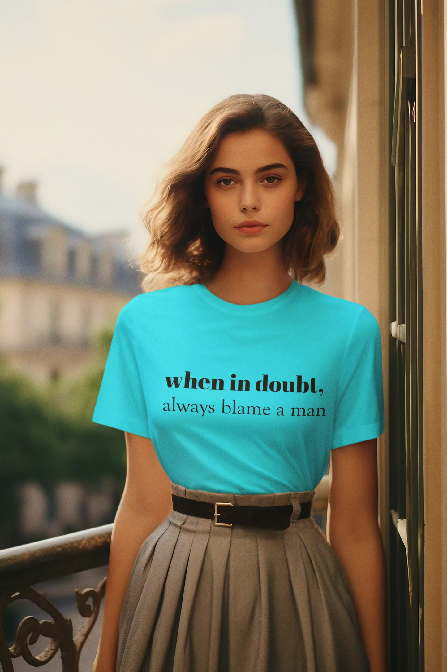 Puff Print when in doubt always blame a man Round neck Ladies T-shirt