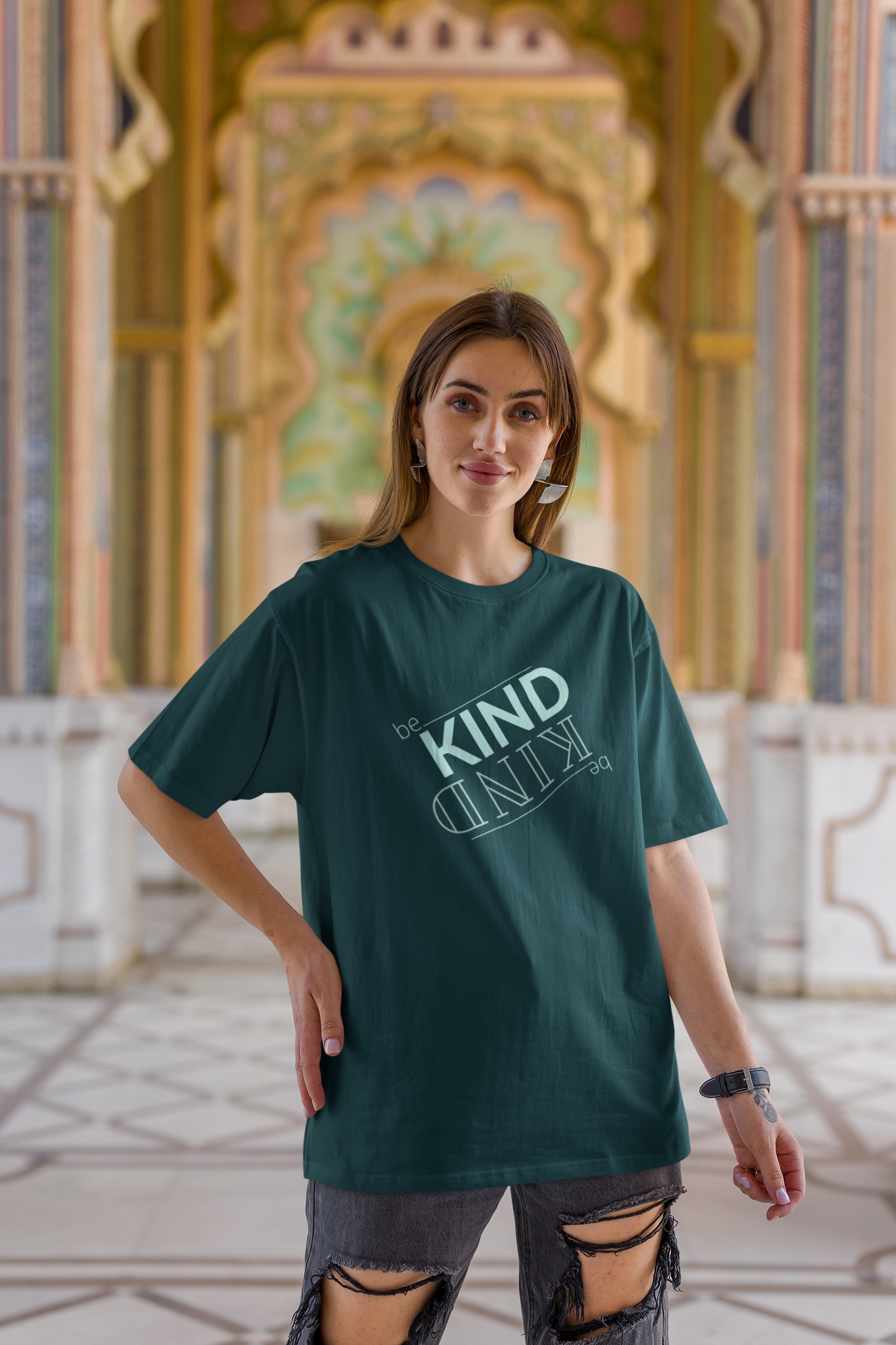 Oversized tshirt with a slogan BE KIND for men and women in Petrol Blue Color