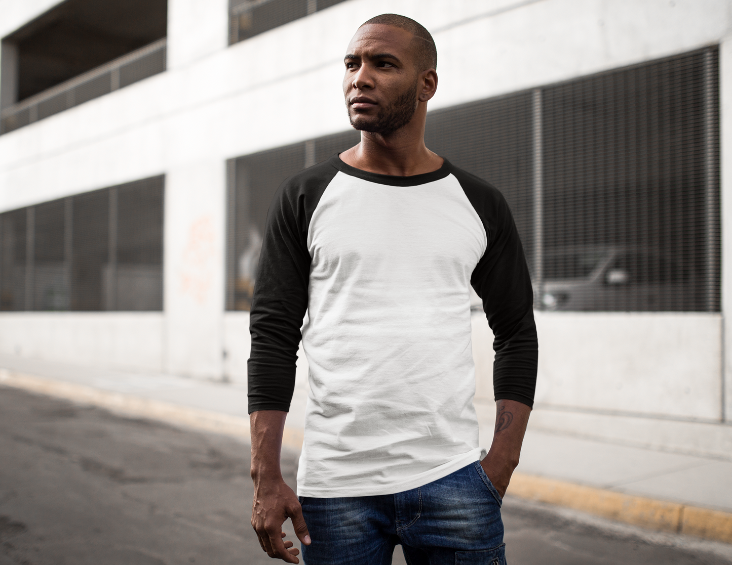 Men's Raglan Pure Cotton T-Shirt - White with black sleeve